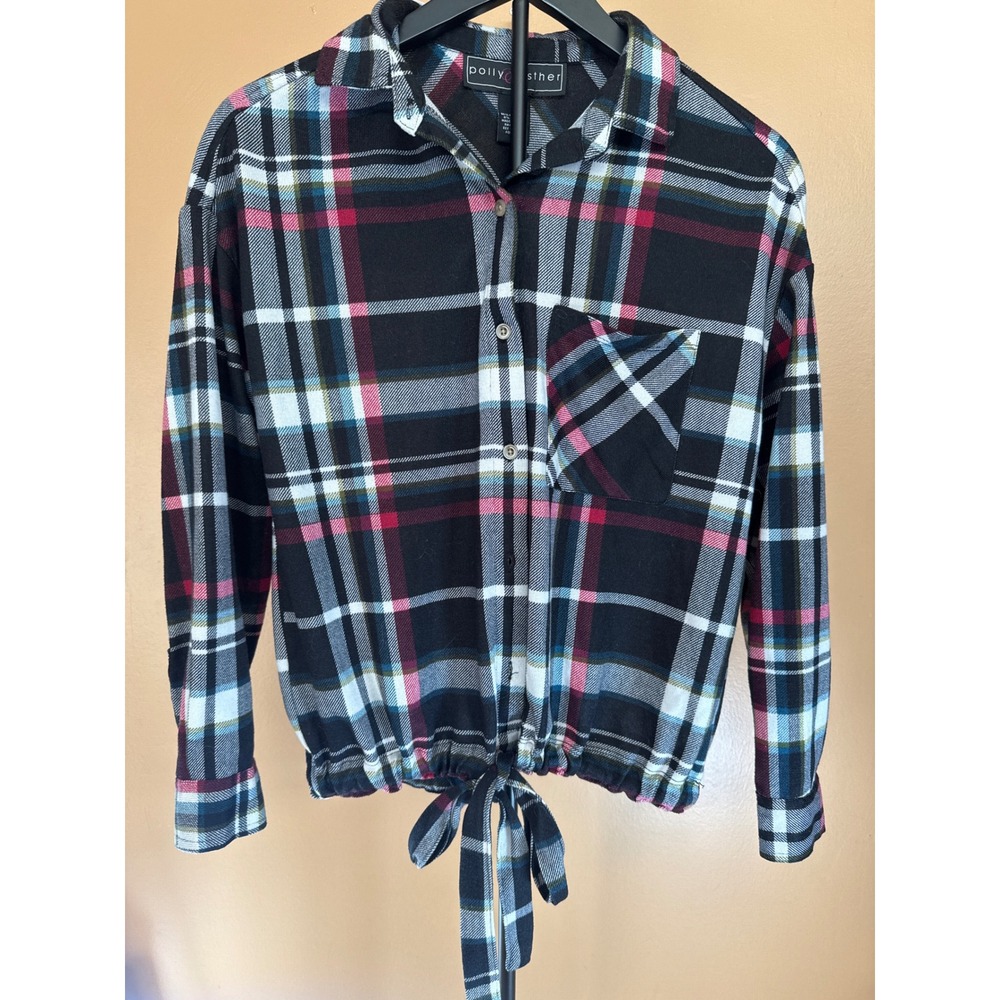 Polly & Esther Women Black Pink Plaid Tie Front Button Up Shirt Small